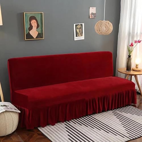 Miniatura 2 de Funda elástica para sofá cama con falda con volantes de terciopelo rojo sin brazos, antideslizante, lavable, protector de muebles para niños,