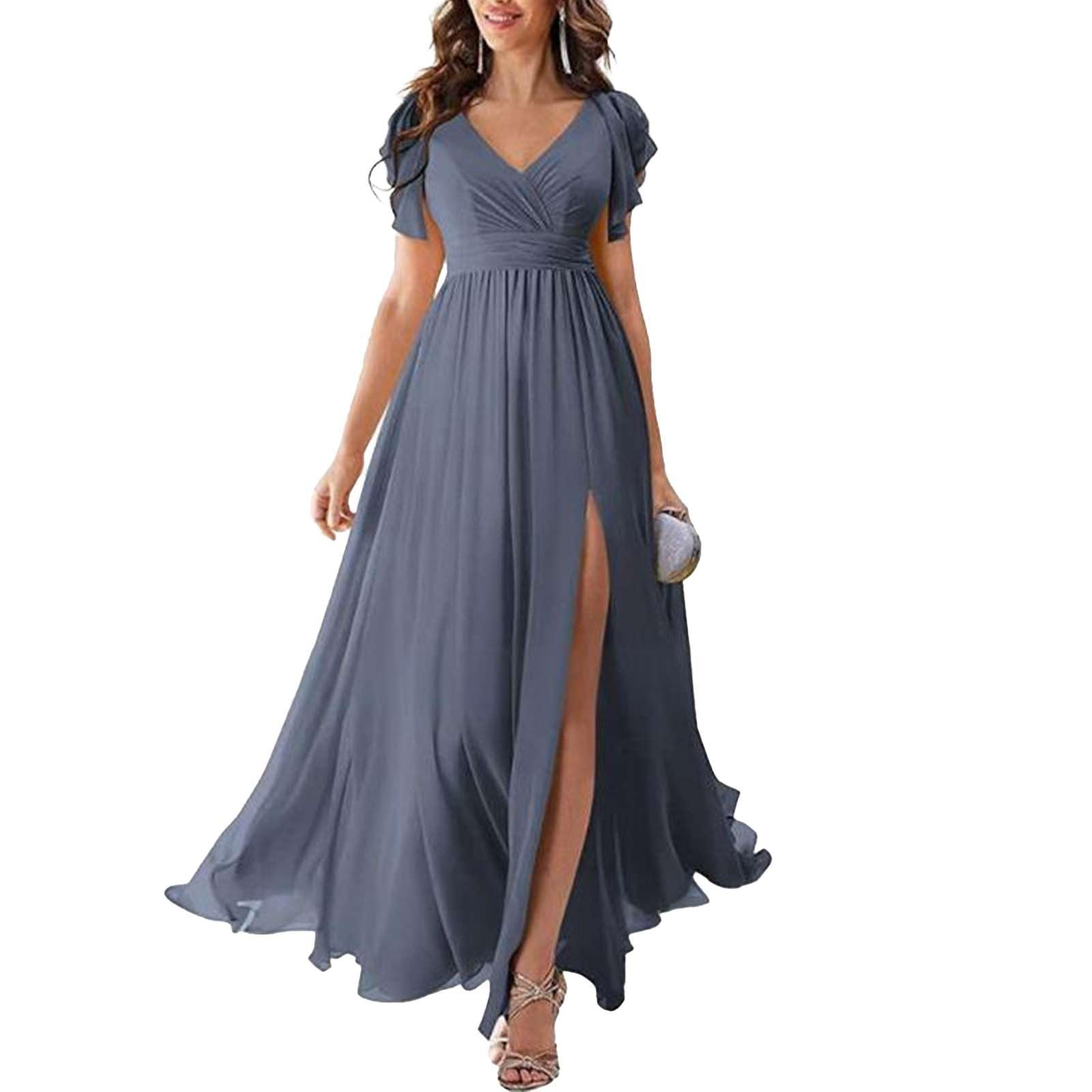 Generisch Kleid Hochzeitsgast Damen - Elegant Lang Chiffon Brautjungfernkleid V-Ausschnitt Schlitz Abendkleid Fließend Abendkleid Curvy Ballkleider Luftig Maxikleid Tailliert Feminin Cocktailkleid