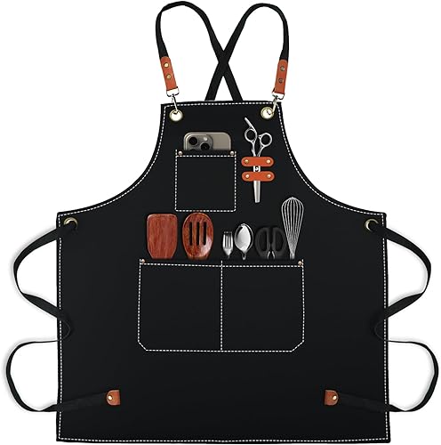 conda Delantal de chef, 1 unidad, delantal con correas cruzadas en la espalda con bolsillos para hombres y mujeres, 100% lona de algodón, delantal
