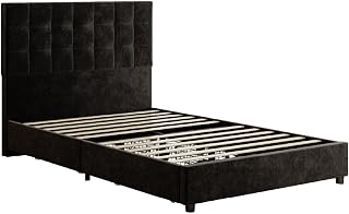 Full Size Storage Bed Frame with Raised Padded Platform Headboard Vertical Channel Wooden Slat Support No Box Spring Required for Homes Hotels Hostels (Black)