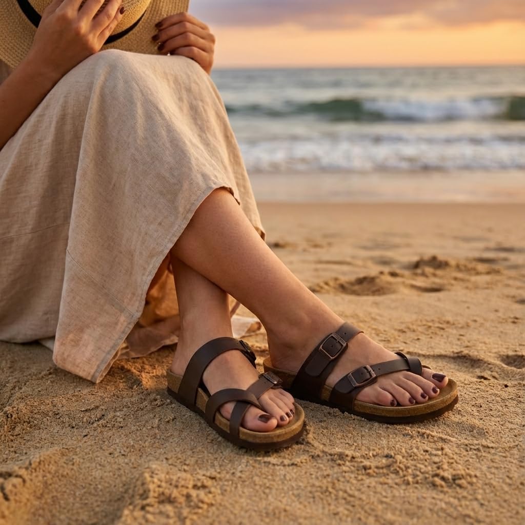 CUSHIONAIRE Luna Sandals for Women, Cork Footbed Womens Sandals for Summer Comfort with Adjustable Straps, Wide Width Available - Image 8