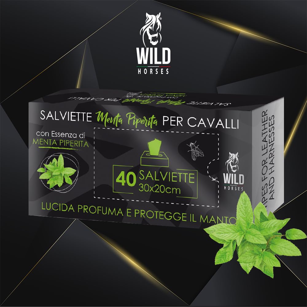 Wild Horses | Salviette Detergenti per Cavalli, Ideali per Lucidare, Profumare e Proteggere il Manto, Menta Piperita, 40 Pz, 30x20cm
