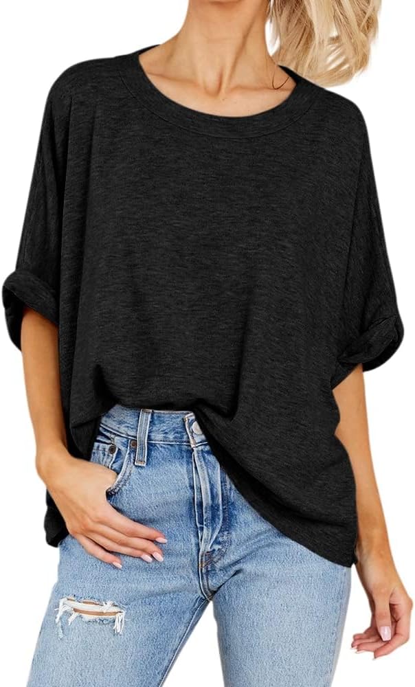 Women's Oversized Tshirts Summer Short Sleeve Casual Shirts for Woman Loose Fit Solid Batwing Basic Tops - Image 2