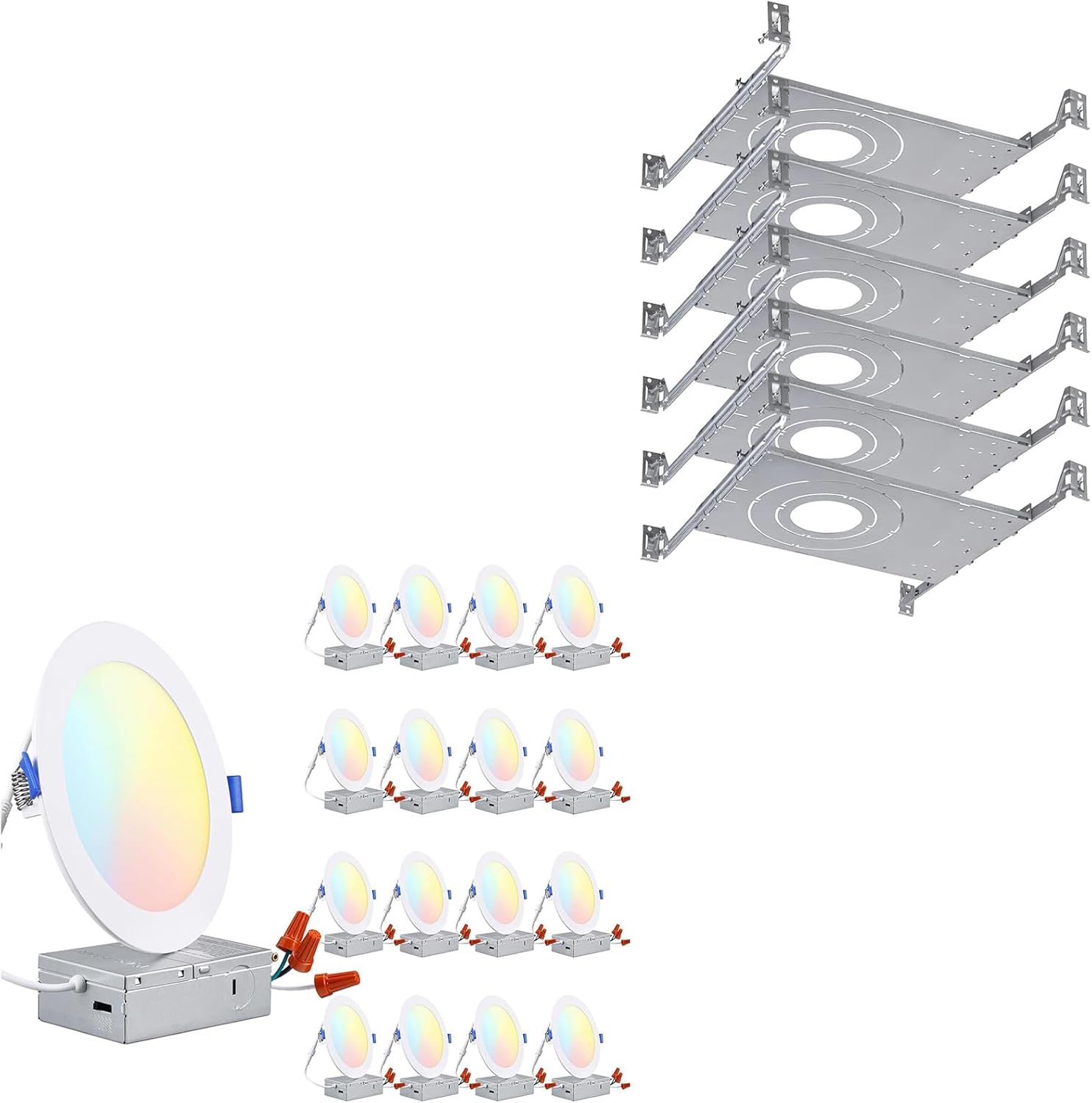 TORCHSTAR 5CCT 6 Inch Ultra-Thin LED Recessed Lighting Bundle New Construction Mounting Plate, 16 Pack 5%-100% Dimmable 12W Slim LED Downlight & 6 Pack 3/4/6 Inch LED Recessed Lighting Kits