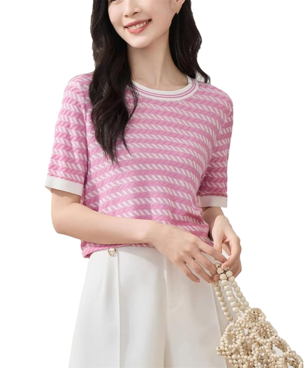 Pull d'été en coton femme chic haut tricoté ample col rond mode - 8