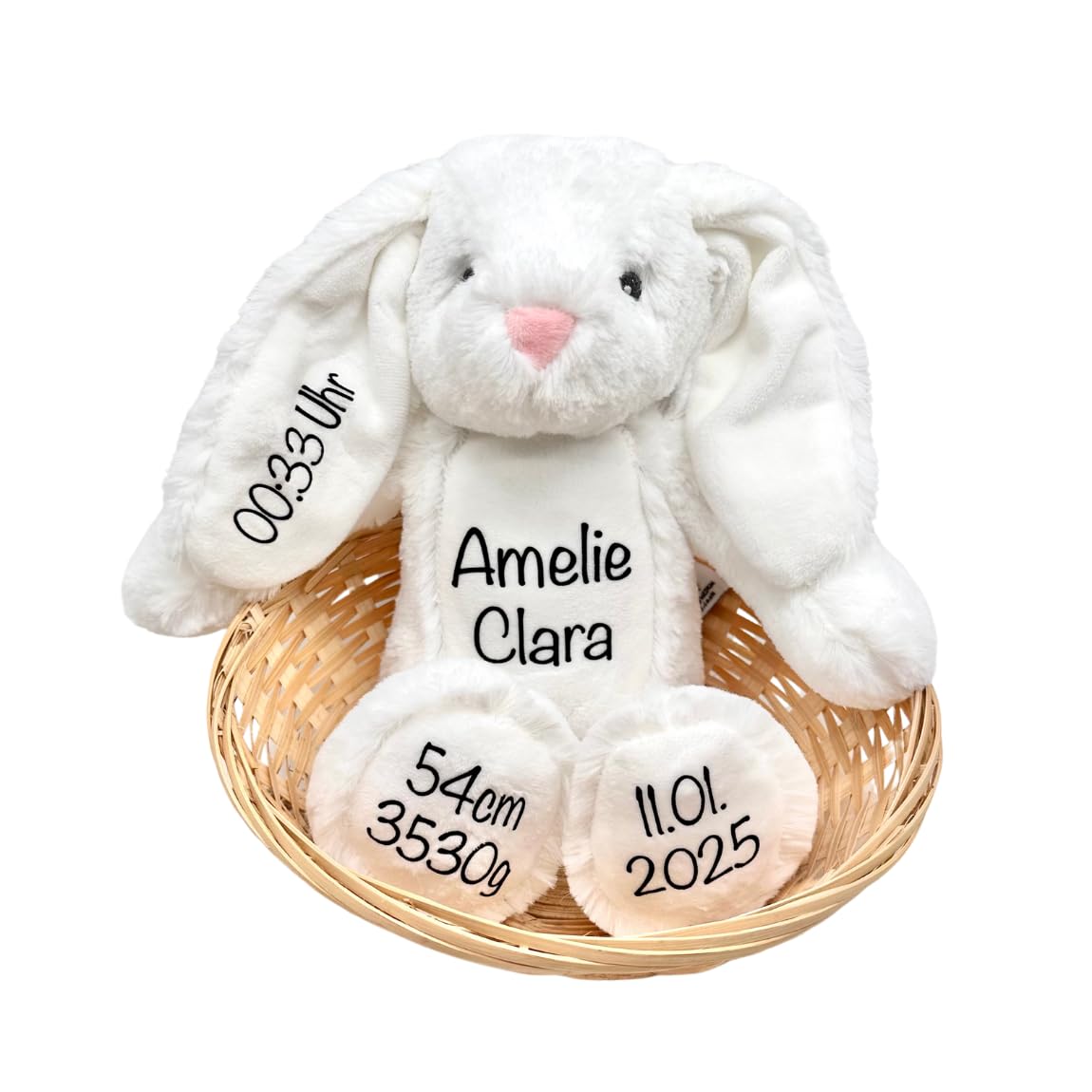 Personalisiertes Kuscheltier Hase mit Namen & Geburtsdaten – Geschenk zur Geburt, Taufe & Geburtstage, Ostern – Weiches Plüschtier für Babys & Kinder, Rosa Ostergeschenk