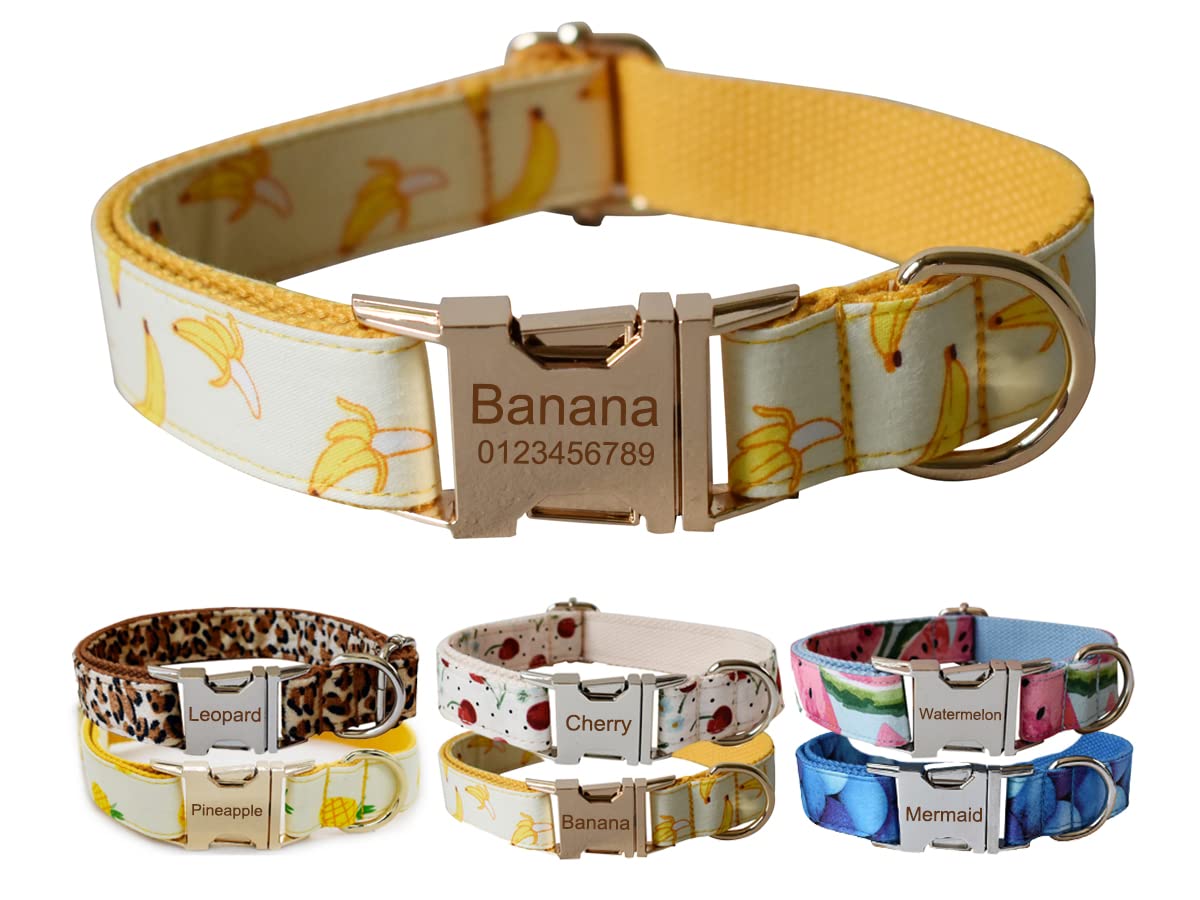 Personalised Dog Collar With Metal Buckle, Customized Pet Collars with Name Phone Number Address Engraved, Fruit Print