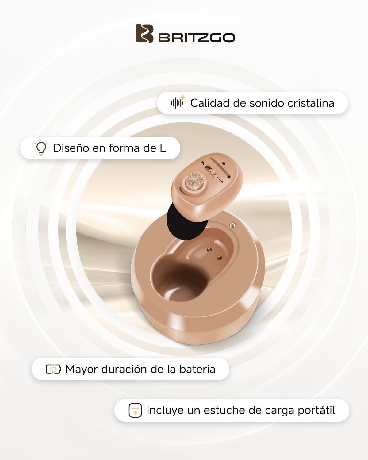 Britzgo Amplificador de Sonido 1607 con Reducción Inteligente de Ruido, Estuche de Carga Portátil, Diseño Ergonómico en L, Hasta 48 Horas de Autonomía y Carga USB (Beige)