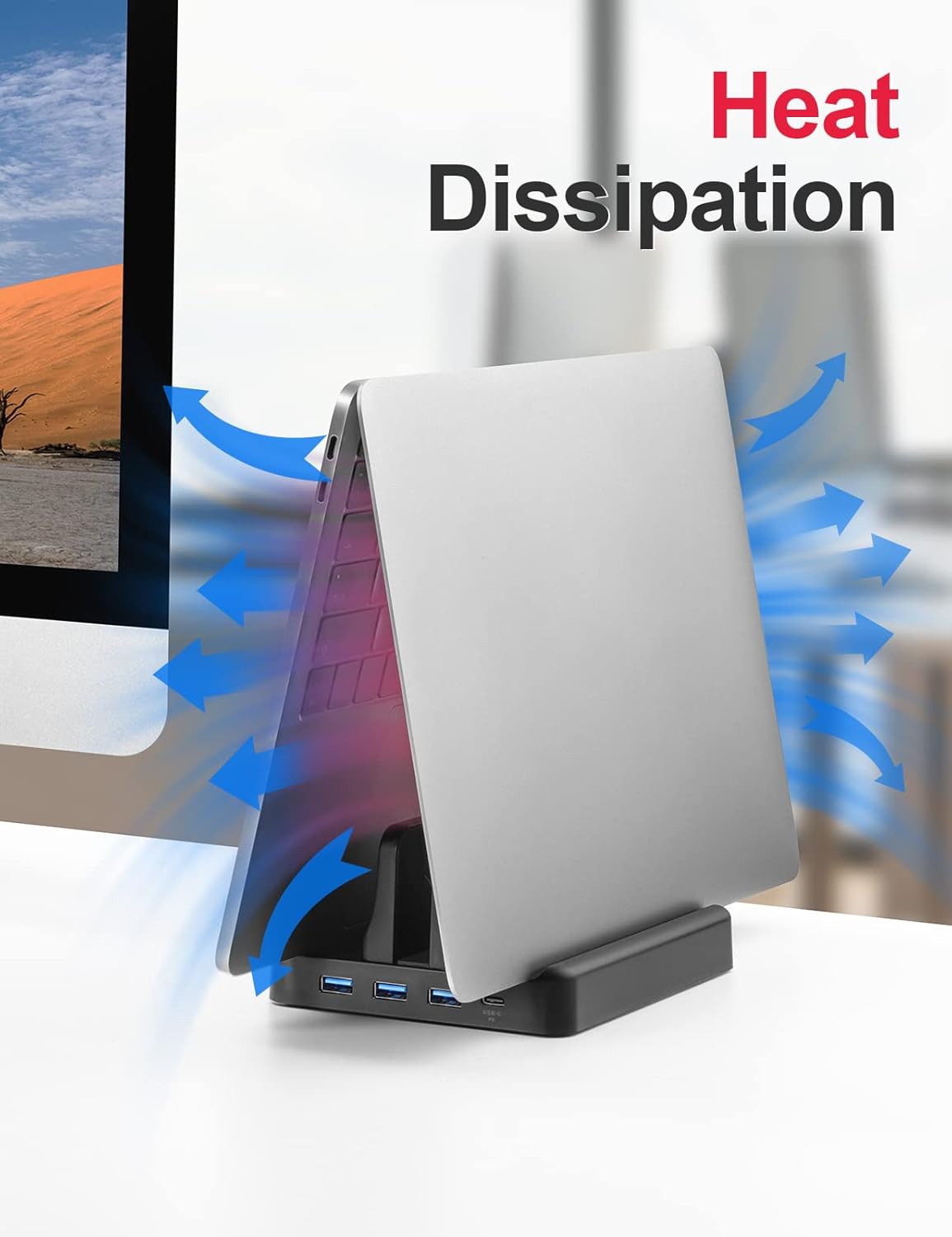 Vaydeer Adjustable Plastic Vertical Laptop Stand with USB Desktop Notebook Holder Space-Saving 3 in 1 Dock Station for All MacBook Pro Air, Mac, HP, Dell, Microsoft Surface, Lenovo (Black)