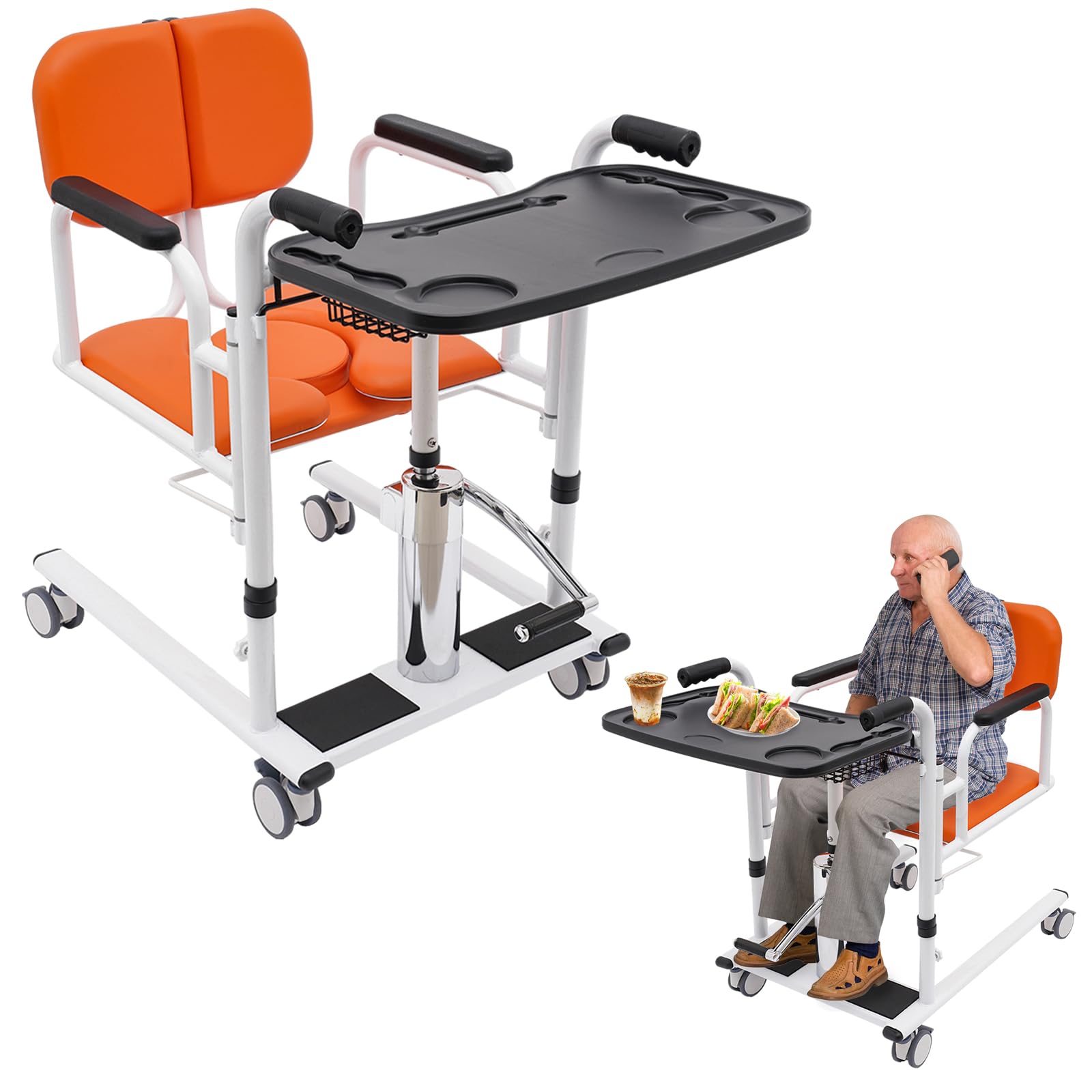 Elevador hidráulico para pacientes, 41 – 65 cm, altura regulable, silla de transferencia para enfermos, ancianos, discapacitados, capacidad de carga 150 kg, respaldo ajustable a 180 °