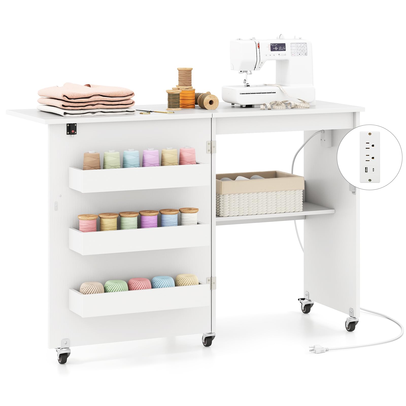 Nightcore Folding Sewing Table, Multipurpose Craft Table with Charging Station, Lockable Casters, Rack and Storage Shelves, Space-Saving Cart, Sewing Desk Cabinet for Living Room Home Studio