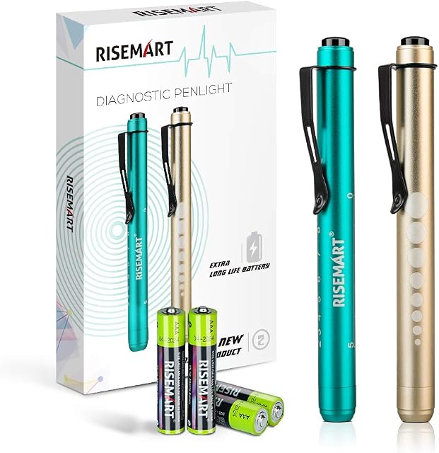 Pen Torch Medical, RISEMART 2PCS Diagnostic Pen Torches Reusable LED Penlight with Pupil Gauge for Nurses Doctors with Pocket Clip Included 4 * AAA Batteries (Gold and Mars Green)
