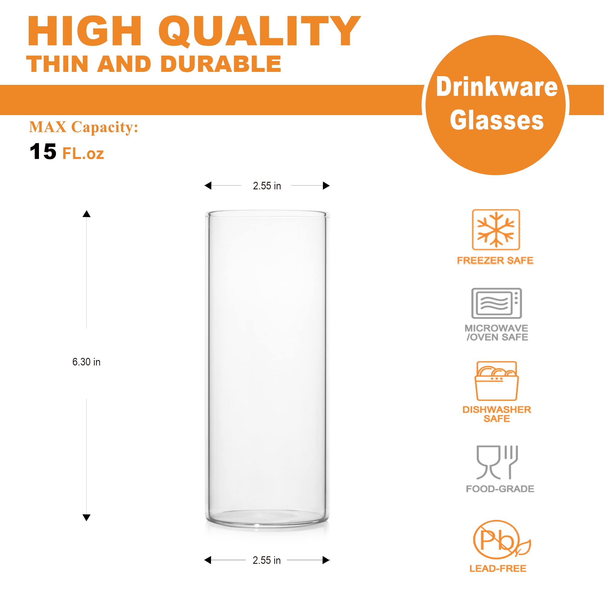 LUXU Drinking Glasses 15 oz, Thin Highball Glasses Set of 4,Elegant Bar Glassware For Water, Juice, Beer, Drinks, and Cocktails and Mixed Drinks,Lead-Free Pint Glasses,Glass Drink Tumblers