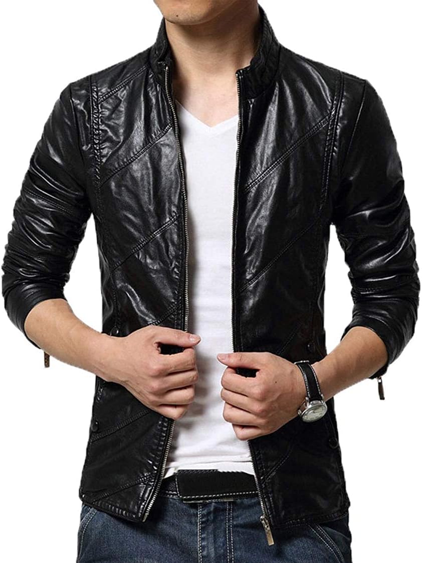 chouyatou Men's Cool Stylish Slim Fit Stand Collar Lightweight Bomber Faux Leather Jacket Coat