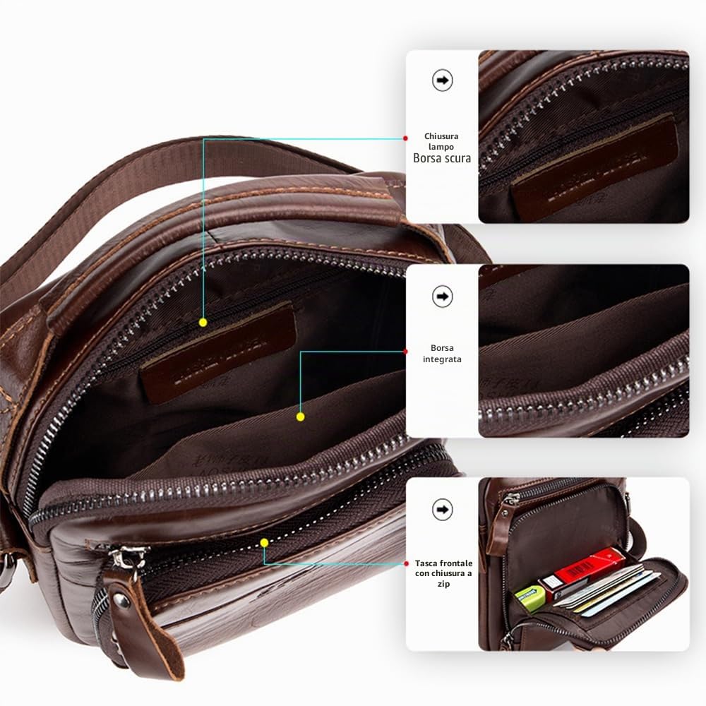 pundarika Borsello Uomo in Vera Pelle - Tracolla Crossbody e Borsa Messenger Marrone con Tracolla Regolabile
