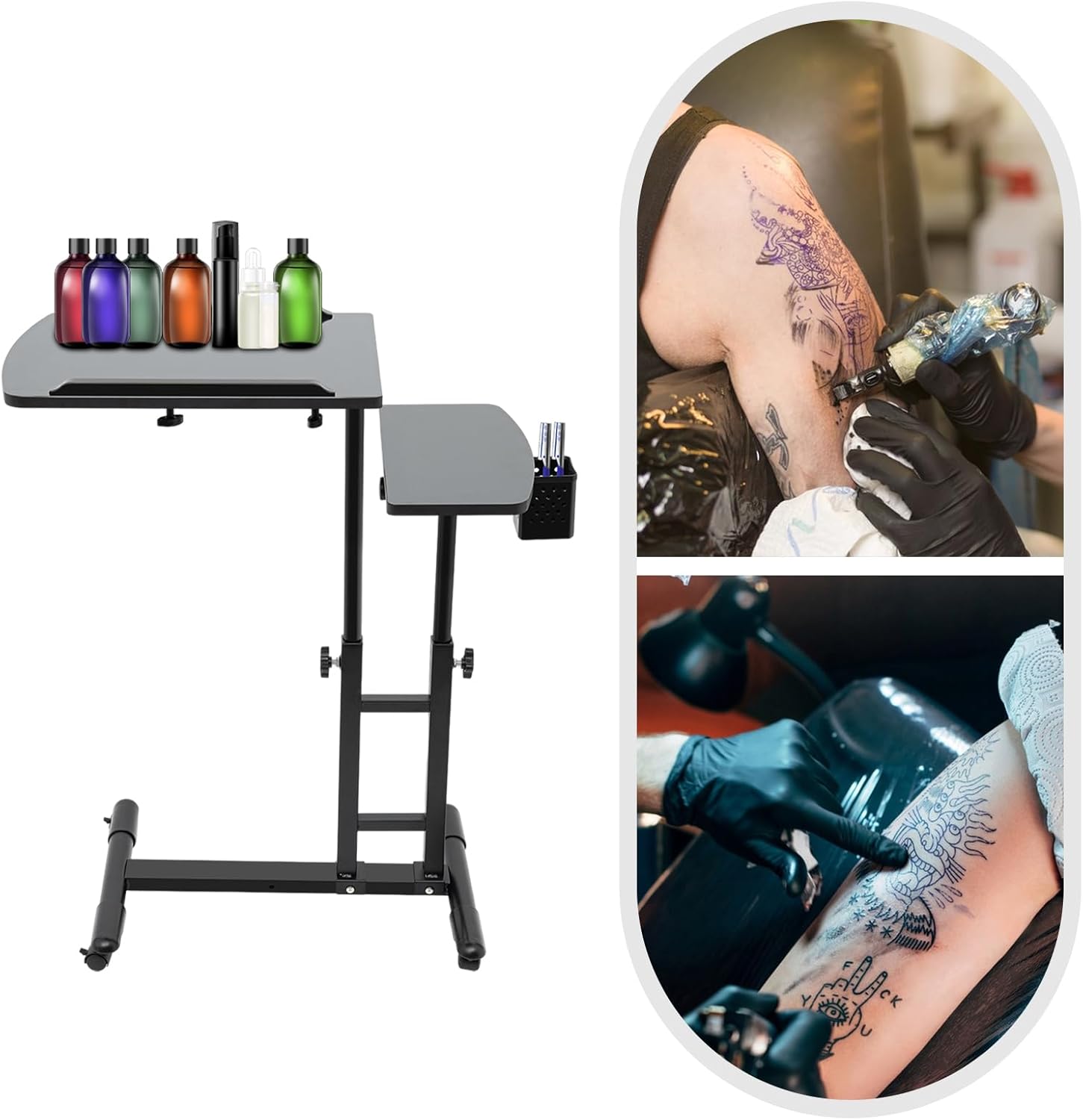 Salon Tray on Wheels,Tattoo Table,Portable Mobile Tattoo Workstation-Dual Countertops | Universal Wheels | Height Adjustable -Salon Trolley with Arm Rest Stand for Studio Tattoo Artist