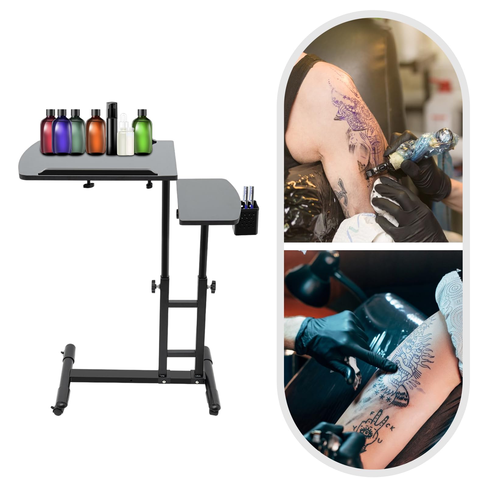 Tattoo Workstation mit Rollen, Höhenverstellbarer Tattoo Tisch 57,5–90cm, Doppelte Werkbank 64x40cm mit Abnehmbarem Stiftrahmen, Mobiler Arbeitstisch für Tattoo Studio & Beauty Salon
