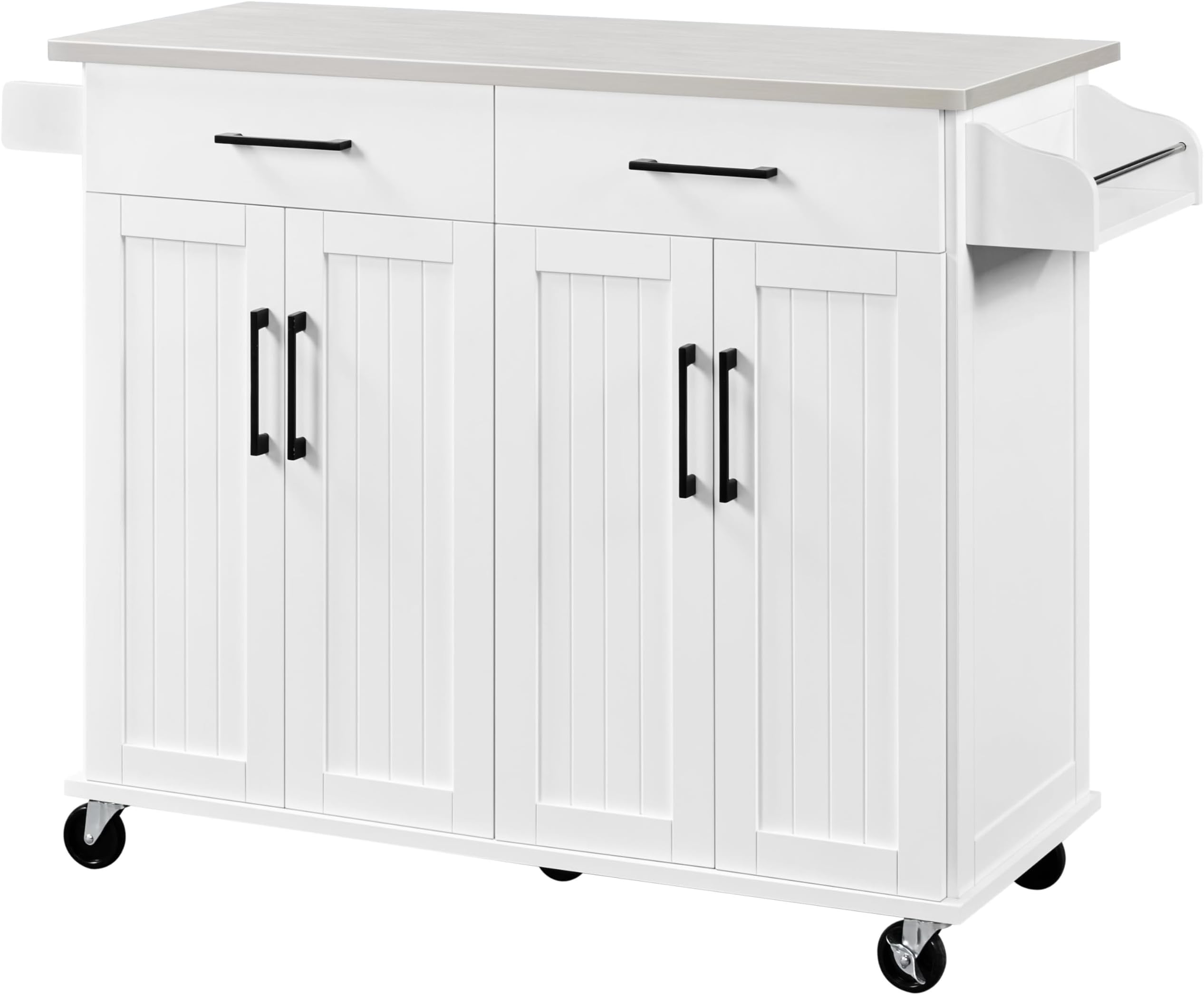 Yaheetech Kitchen Island Cart with Stainless Steel Countertop, 50.5" Width Kitchen Island on Wheels with Storage Cabinet & Inner Adjustable Shelves & 2 Drawers, Island Table with Spice Rack, White