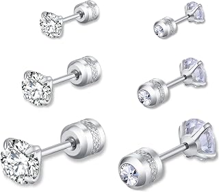 3 Pairs Stud Earrings Set for Women Men, Round Cubic Zirconia Studs, Hypoallergenic Double Sided Cubic Zirconia Earrings for Women Men3-5-7mm (Silver)