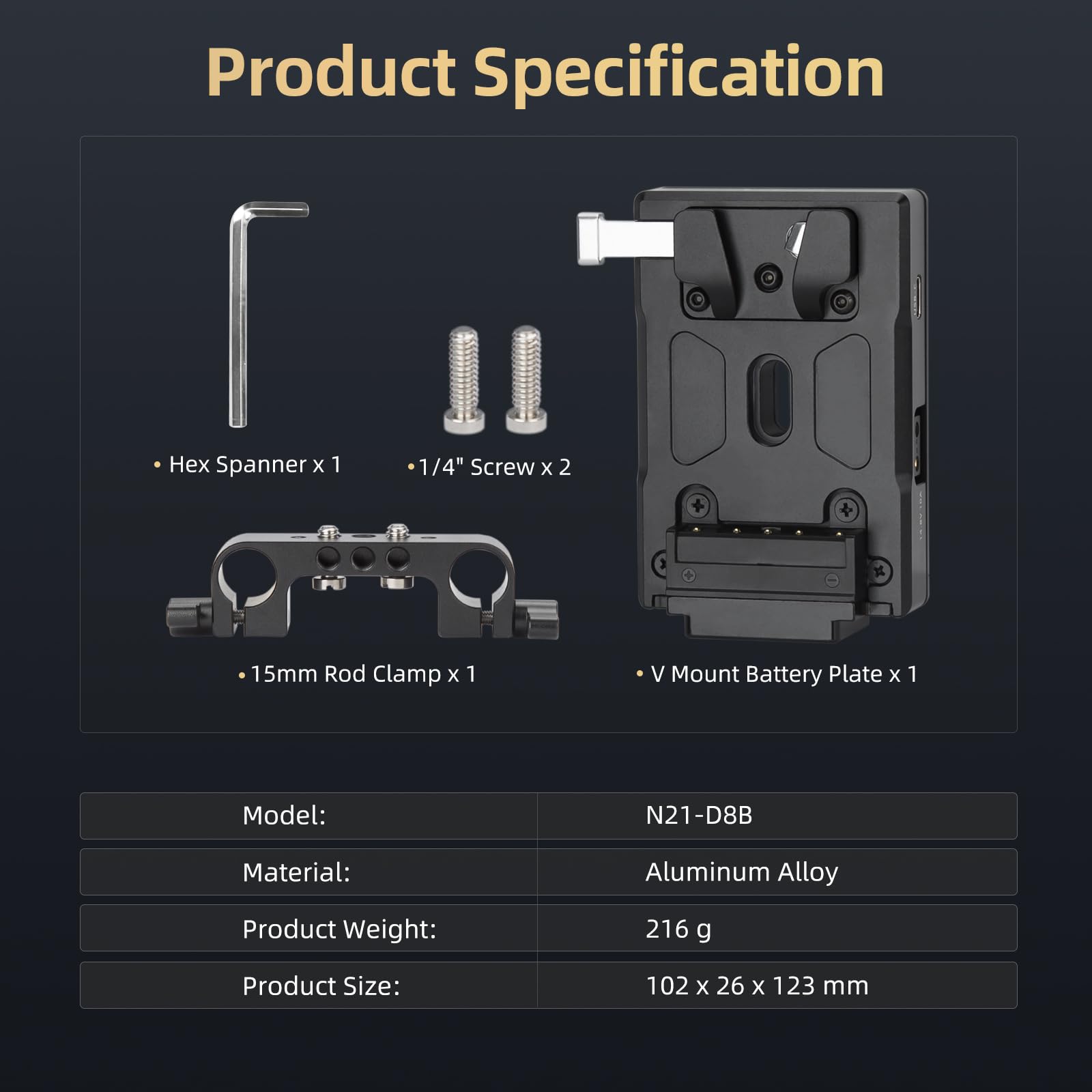 Nitze V Mount Battery Plate, V Mount Placa de la Batería con Entrada/Salida USB-C 60W (PD 3.0), Salida DC (8V/3A), D-Tap (14.8V/10A) y 15mm Rod Clamp para Fuente de Alimentación de Cámara - N21-D8B