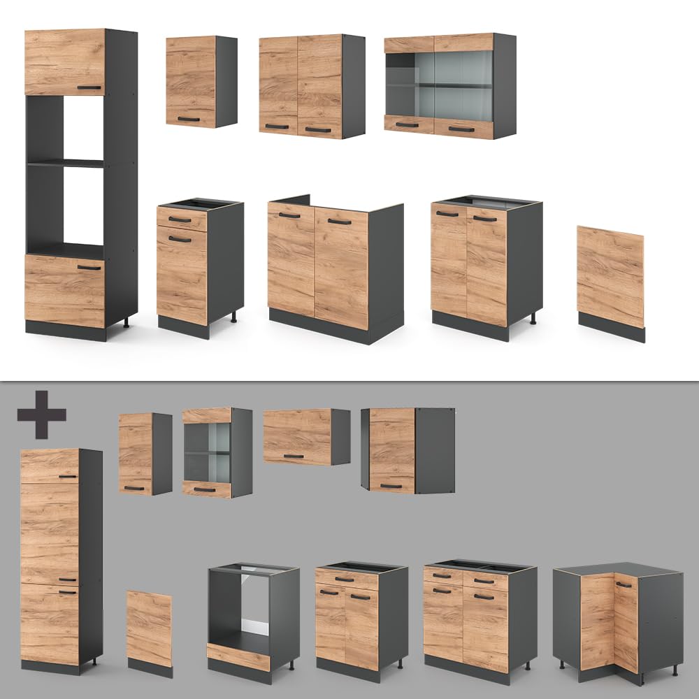Vicco Cuisine R-Line, Chêne de Force doré, 300cm avec Armoire Haute, PT Anthracite, adapté à la Combinaison et à l’Extension Individuelles