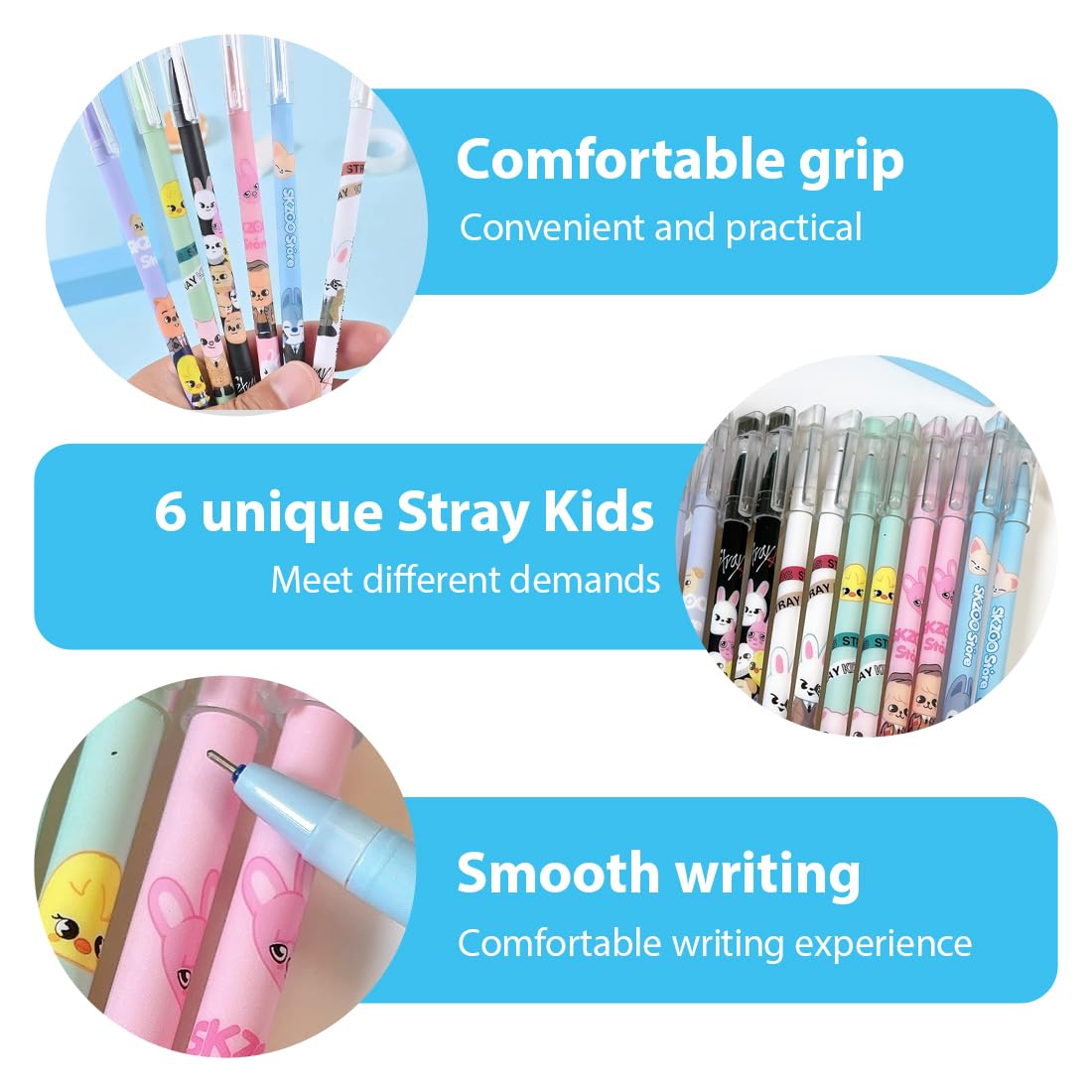 YiYiXiXi 12-Pack STRAY-KZOO Ballpoint Gel Pens - Colorful Character Designs With Black Ink
