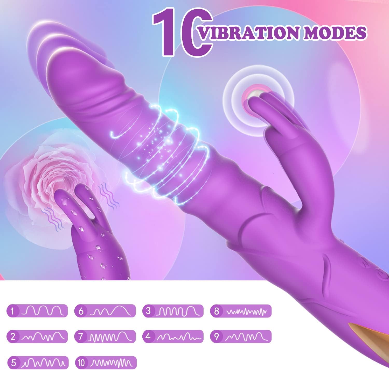 Rose Thrusting Rabbit Vibrator, G Spot Clitoral Vibrator Waterproof & Rechargeable Realistic Silicone Dildo Vibrator with 3 Thrusts 10 Vibrations, Rose Sex Toys for Women Purple