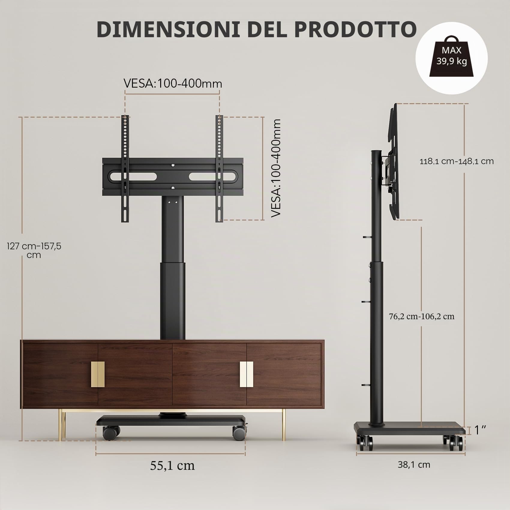 AX WABER Supporto TV Mobile con Ruote Bloccabili, Carrello Portatile per TV 27-65", Regolabile 9 Posizioni, VESA MAX 400x400, 40kg, per Casa/Ufficio