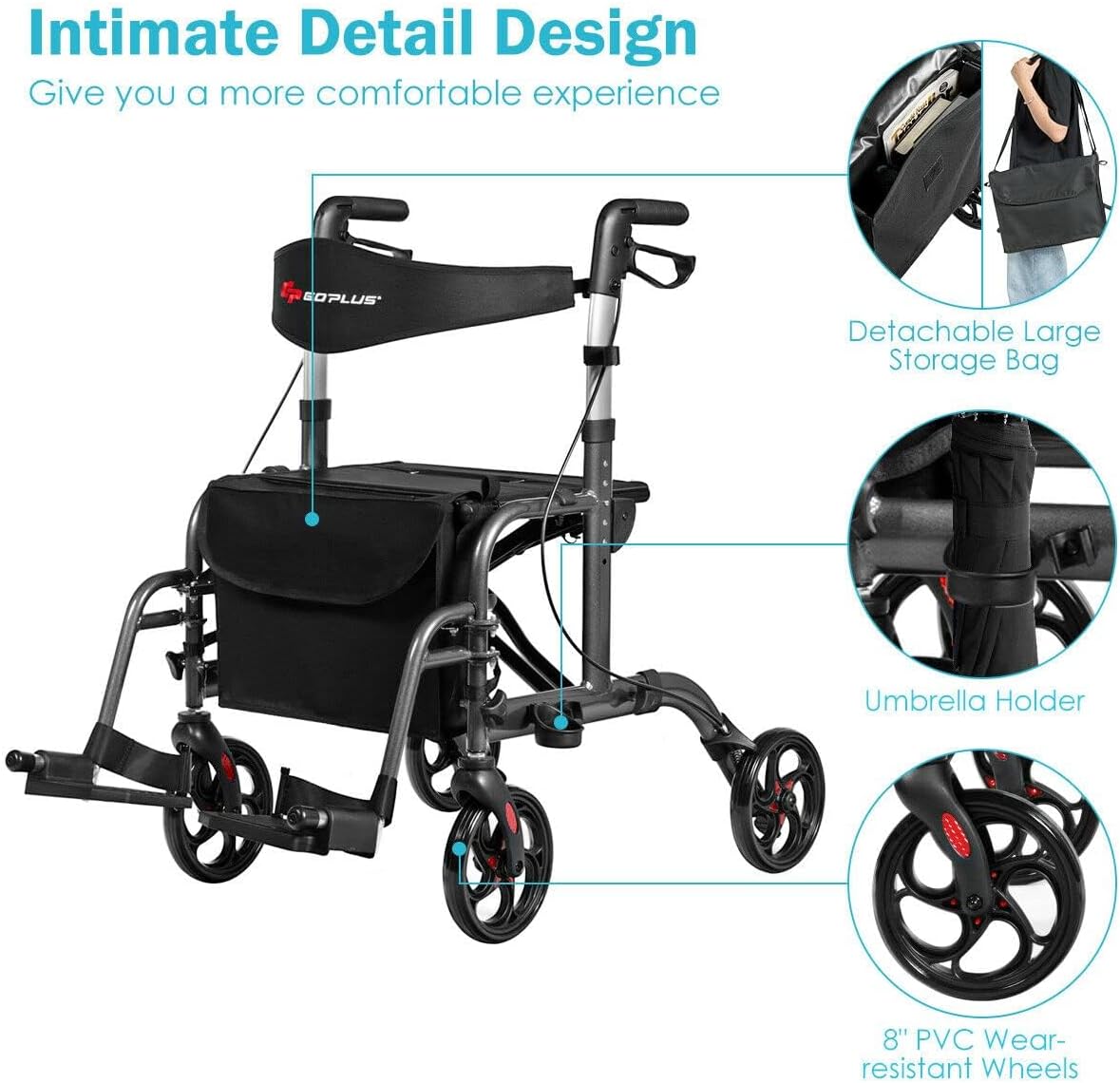 Goplus 2-in-1 Rollator Walker showing detachable storage bag, umbrella holder, and 8-inch PVC wheels