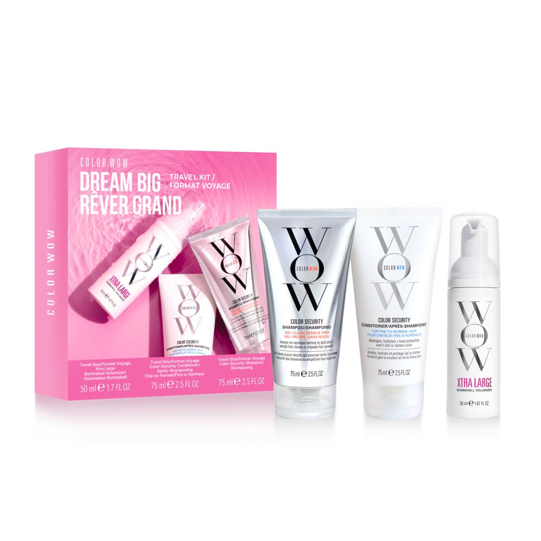 COLOR WOW - Routine Cheveux Fins, Clairsemés, Colorés - Shampoing Sans Sulfates (75 ml) + Après-Shampoing Hydratant (75 ml) + Mousse Volumisante (50 ml) - Coffret Découverte Dream Big