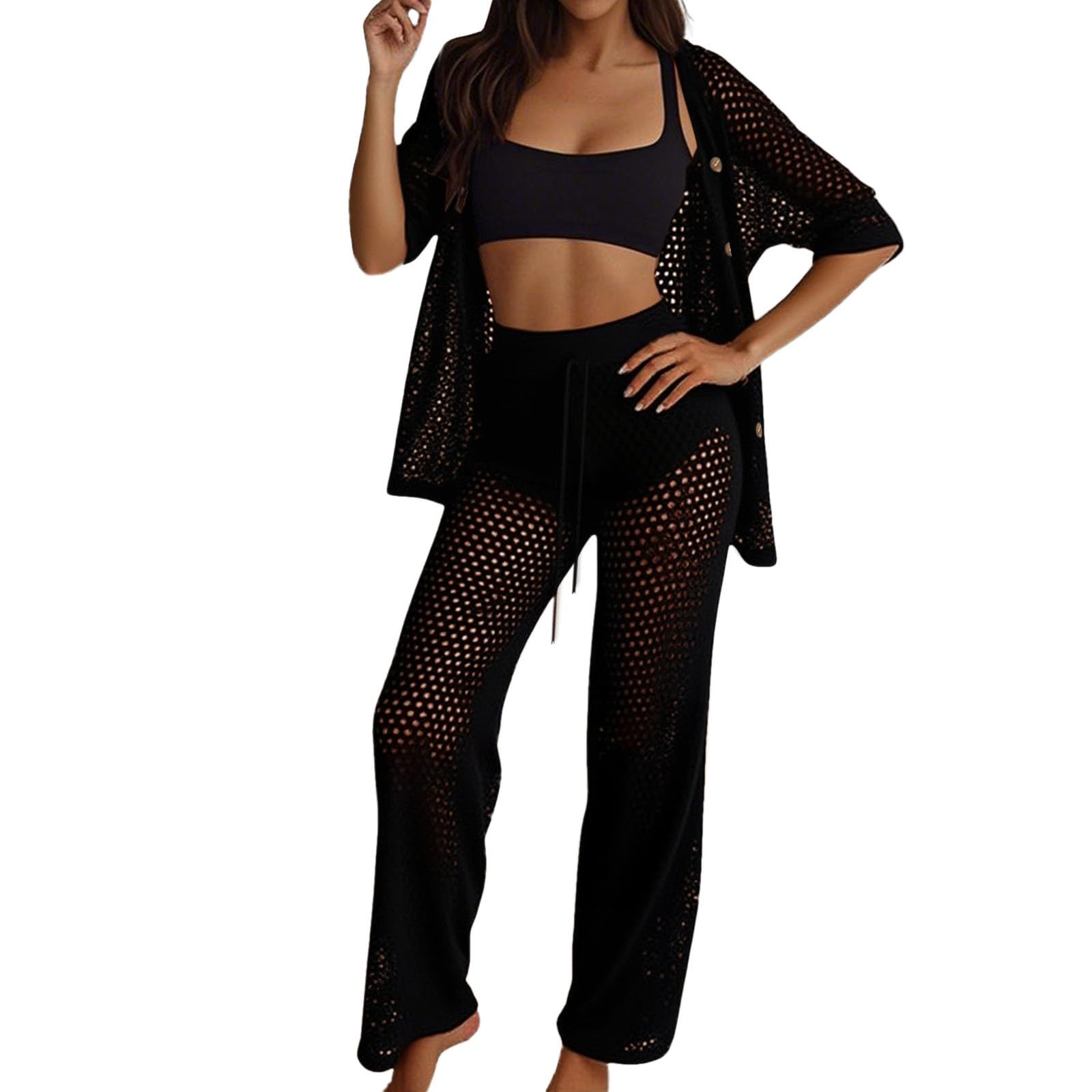 Kimono Donna Estivo,Completo da Spiaggia all'Uncinetto da Donna, Composto da Due Pezzi: Costume da Bagno Traforato, Top con Bottoni, Pantaloni a Gamba Larga