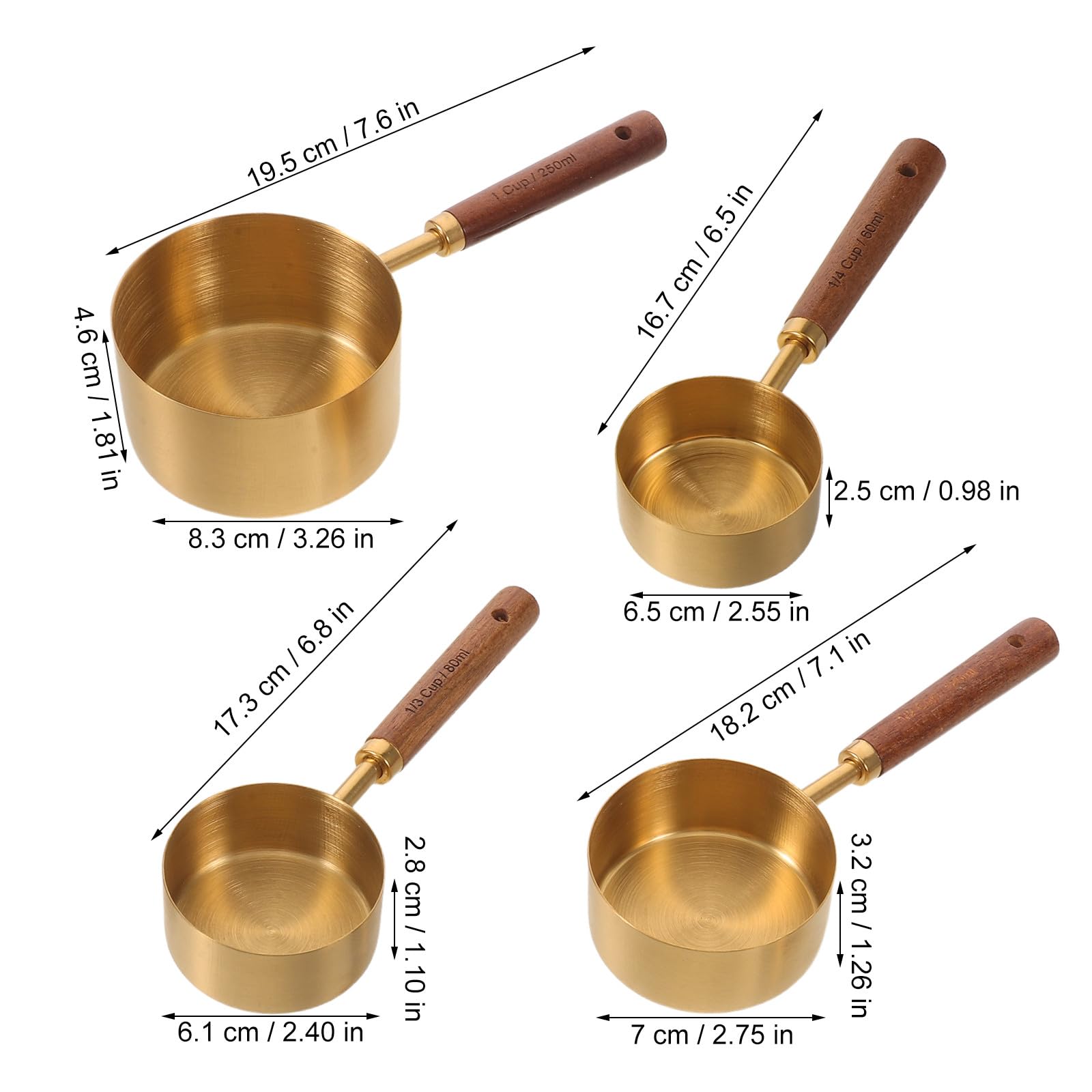 Juego de 8 tazas y cucharas medidoras doradas para cocinar y hornear.