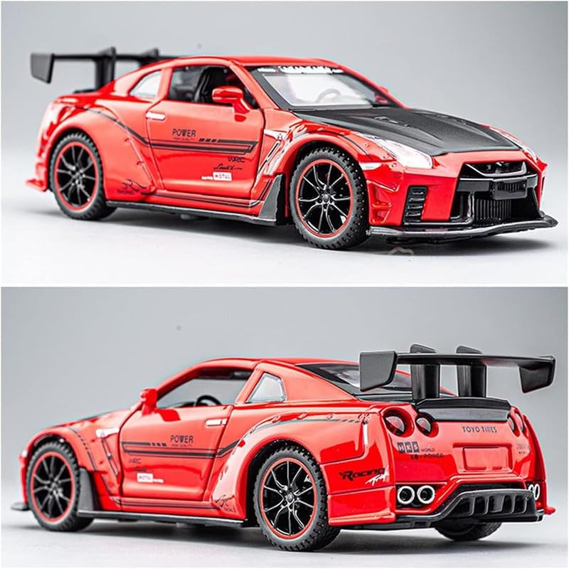 Image of Kids Model 1:32 Nessan R35 Die Cast Metal Car Pull Back Action Opening Doors with Realistic Engine Sound Lights Toy Car Gift for Boys - Red