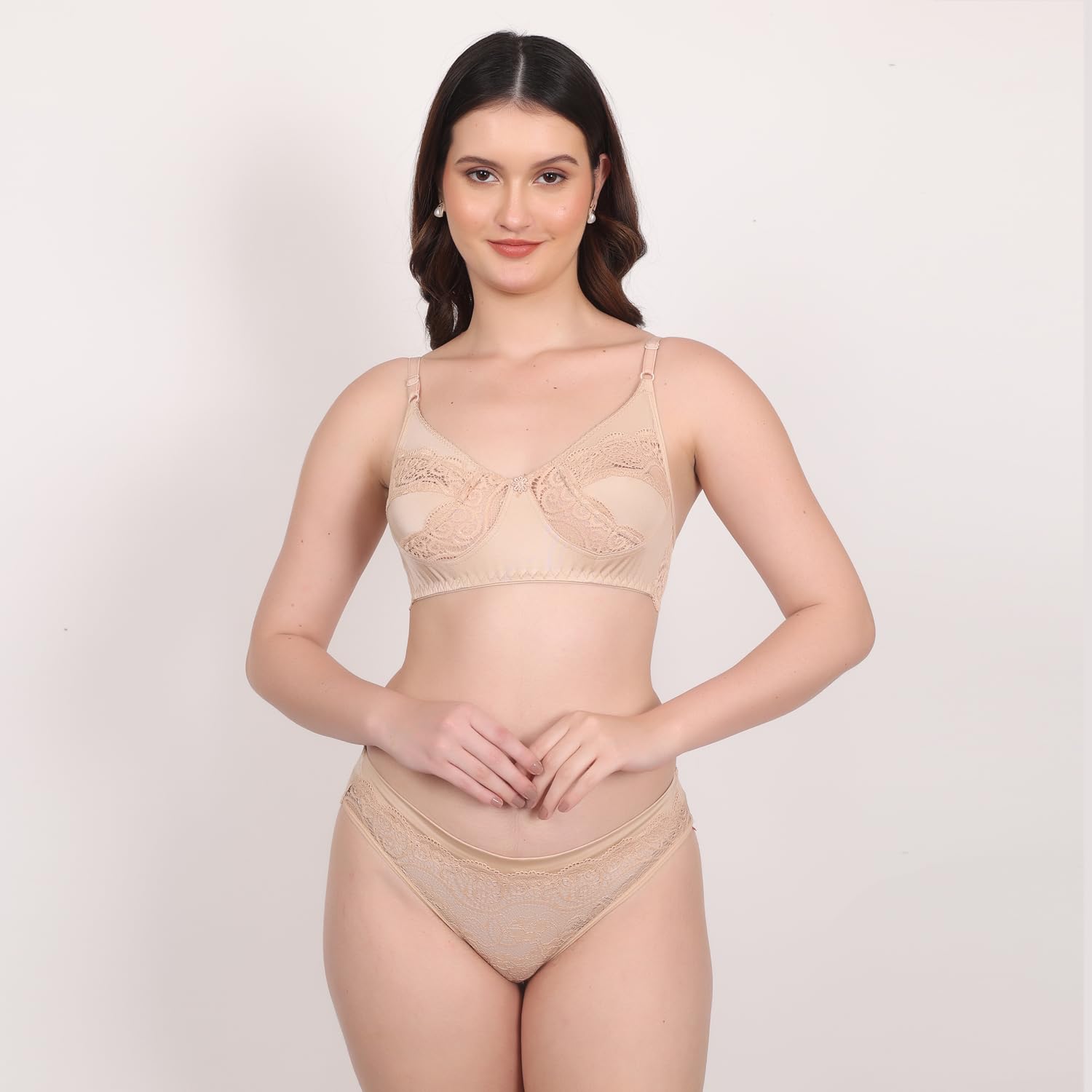Bra Panty Set for Women – Bridal Lingerie Set Combo for Honeymoon, Wedding Pack of 1/2/3, Full Coverage Bridal Lingerie Set with Net and Floral Design in Skin, Brown, Pink Colour-image-36