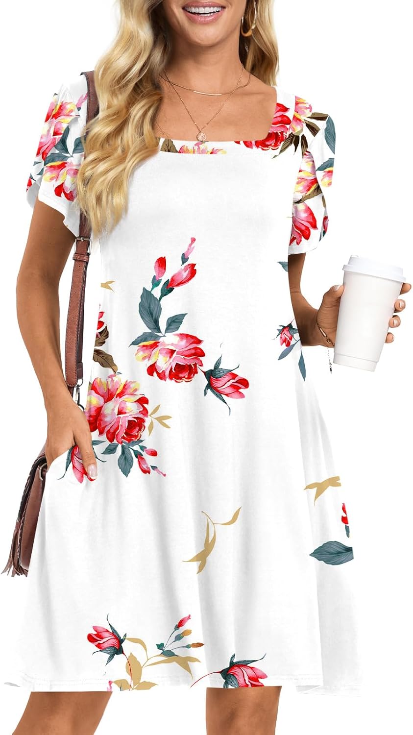 HOTGIFT Womens Summer Casual Dress Short Sleeve Square Neck Dresses Boho Floral Print Loose Beach Sundress - Image 3