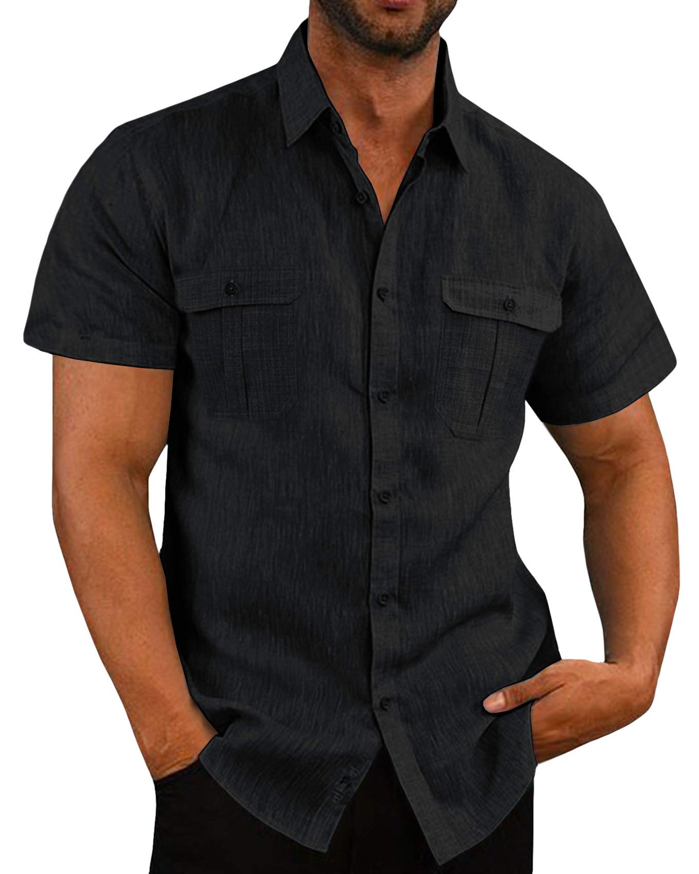 Leinenhemd Herren Kurzarm Sommerhemd Männer Freizeithemd Business Shirt Strandhemd mit Taschen