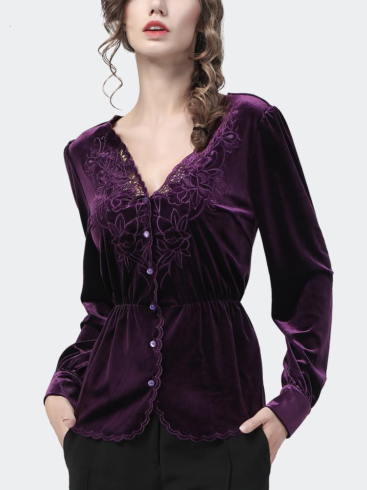 Camisa de Terciopelo púrpura para Mujer, Blusas Elegantes de otoño e Invierno, Blusa Delgada de Manga Larga con Cuello en V Bordada Calada (púrpura XXL)