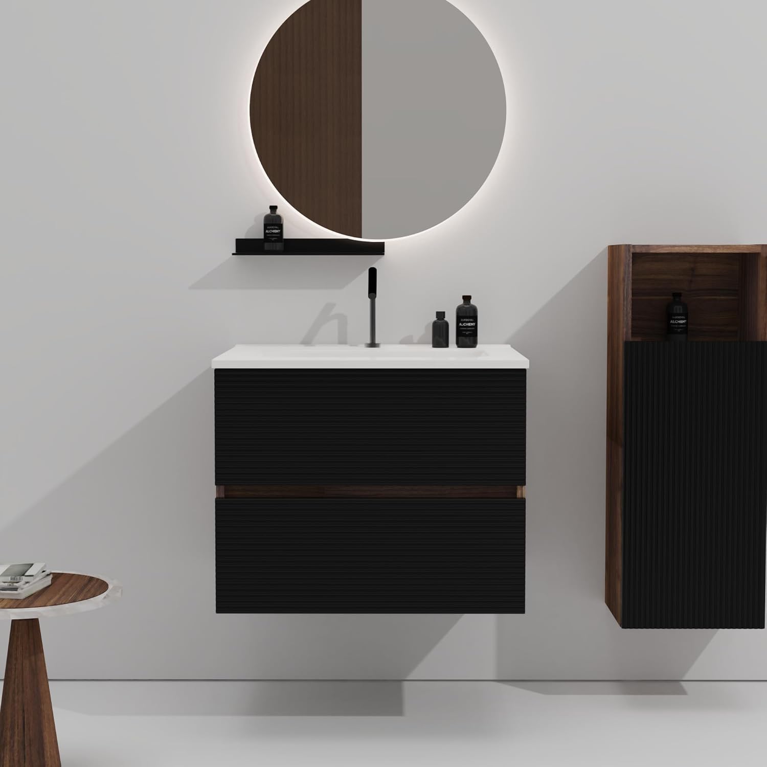 Gloria Bathroom Vanity with Sink Large Storage Wall Mounted Floating Bathroom Vanity for Modern Bathroom, One-Piece Sink Basin Minimalist (A. Walnut+Soft Black, 24IN)