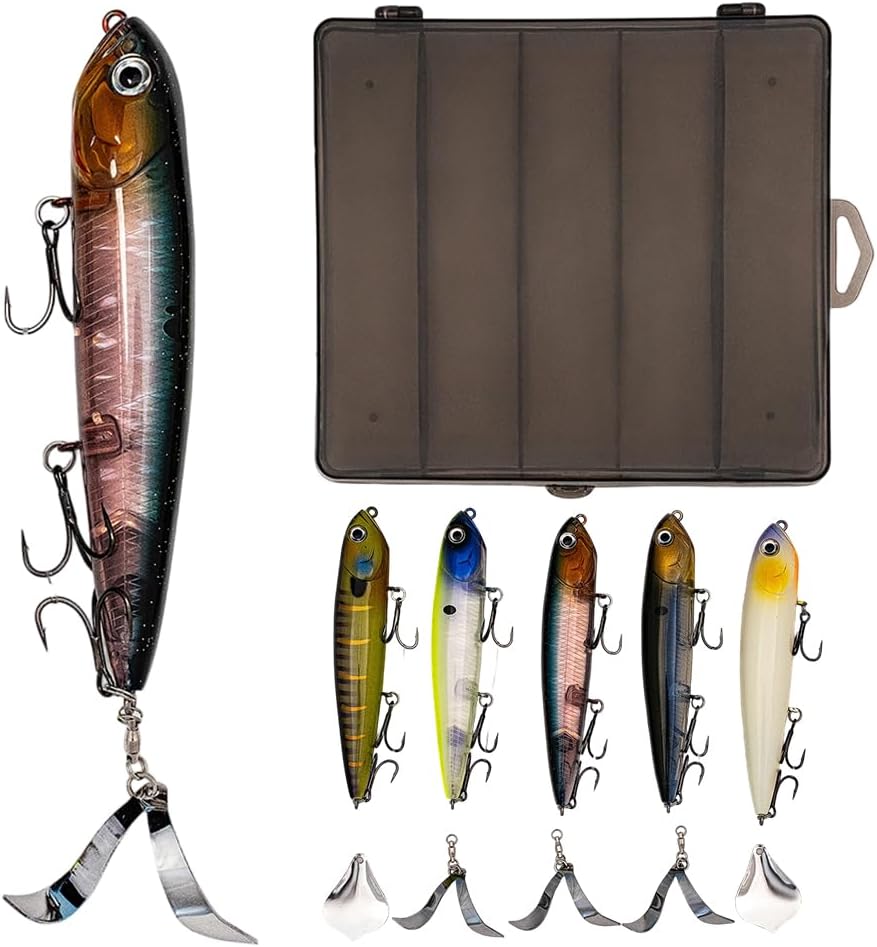 Topwater Plopping Lure Kit -5 Lures+5 Blades in Plastic Case, 4.7in,Adjustable for Walking Bait or Surface Tractor Action. Fishing Gifts for Men Targeting Pike, Bass, Musky in Freshwater