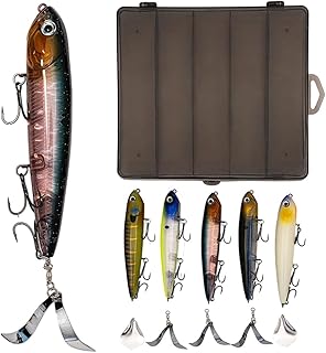 MSIZNX Topwater Plopping Lure Kit -5 Lures+5 Blades in Plastic Case, 4.7in,Adjustable for Walking Bait or Surface Tractor Action. Fishing Gifts for Men Targeting Pike, Bass, Musky in Freshwater