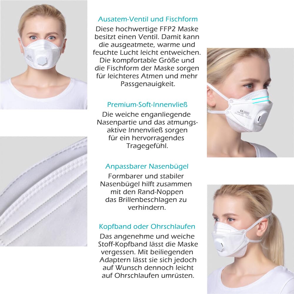 FFP2 Maske mit Ventil, Fischform 10 Stück Masken großer Kopf, Versand aus Deutschland, Staubmaske Feinstaubmaske Staubschutzmaske Atemschutzmaske mit Ausatemventil, Kopfband