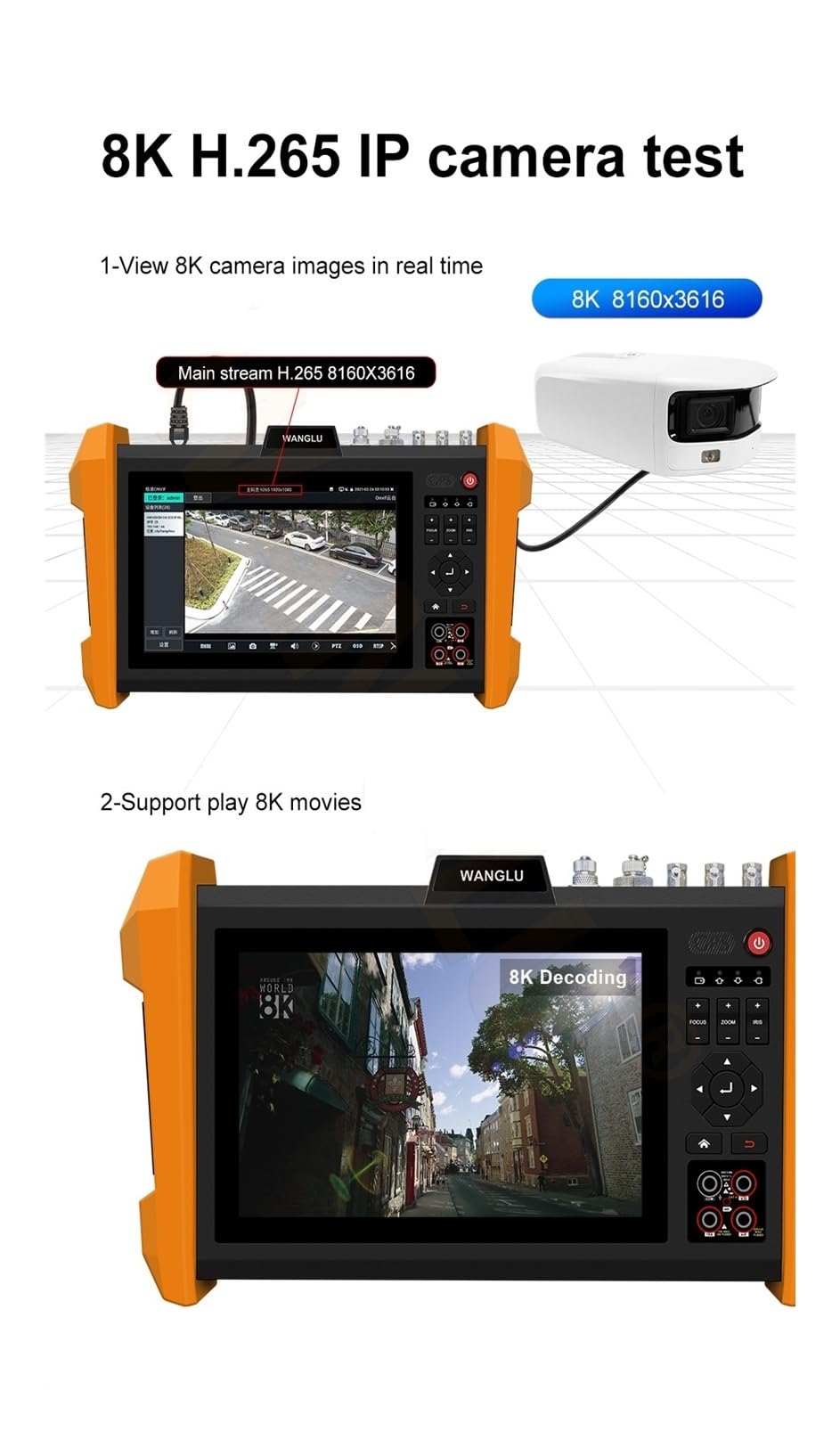 Tester CCTV, 8K H.265 7-calowy Tester Kamery CCTV IPC Wanglu K15-CLMOVTADHSEF SFP Moduł Optyczny AHD CVI TVI SDI 8K Tester Kamery IPC Color Bar Gener,Lekki(K15-CLMOVTADHSEF)