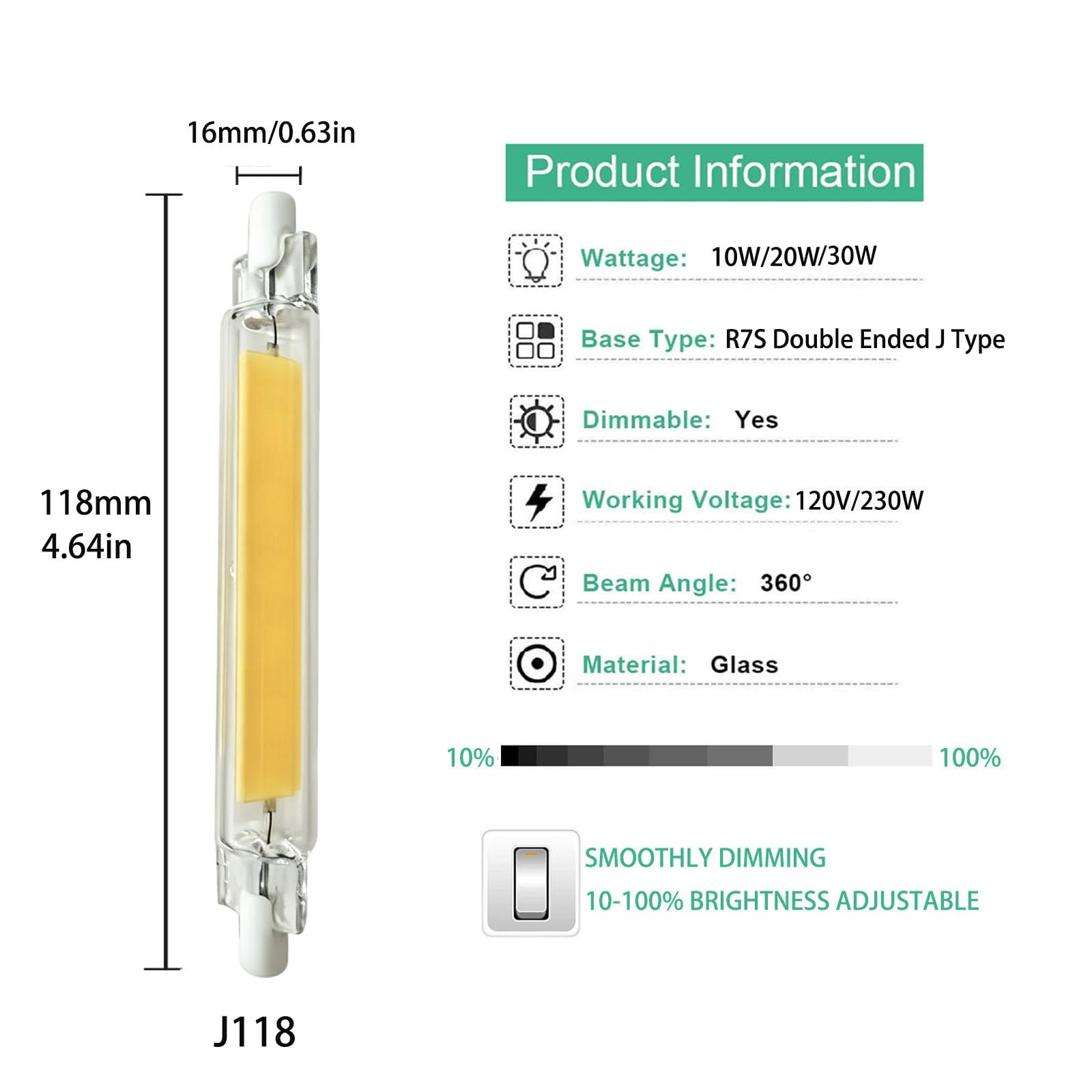Bombillas LED R7S 118mm 10W Regulable Lámpara Lineal R7s LED