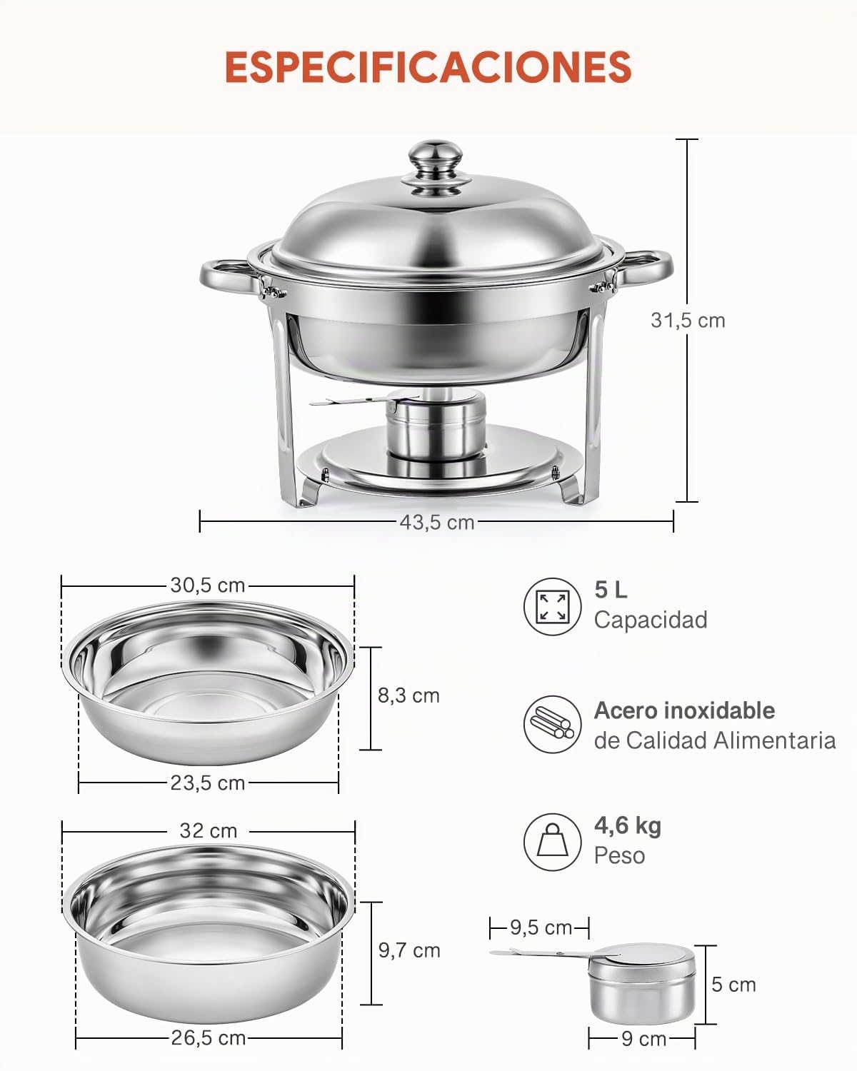 Wilprep 2 PCS Calentadores de Comida para Buffet de Acero Inoxidable Redondo 5L Calentador de Buffet con Bandeja de Calefacción, Tapas Chafing Dish para Restaurantes, Catering, Fiestas, Bodas, Picnics
