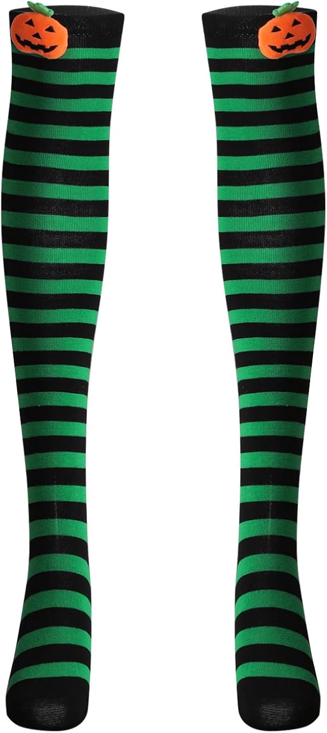 TiaoBug Women's Striped Over Knee Socks Christmas Thigh High Socks with Bow Xmas Halloween Cosplay Costume Accessory