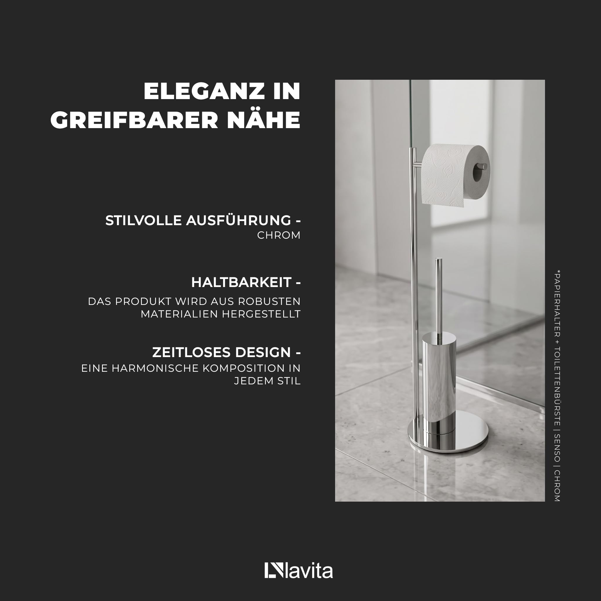 LAVITA Senso 2-in-1 WC-Garnitur Freistehend Chrom Glänzend – Toilettenpapierhalter mit Toilettenbürste für Badezimmer