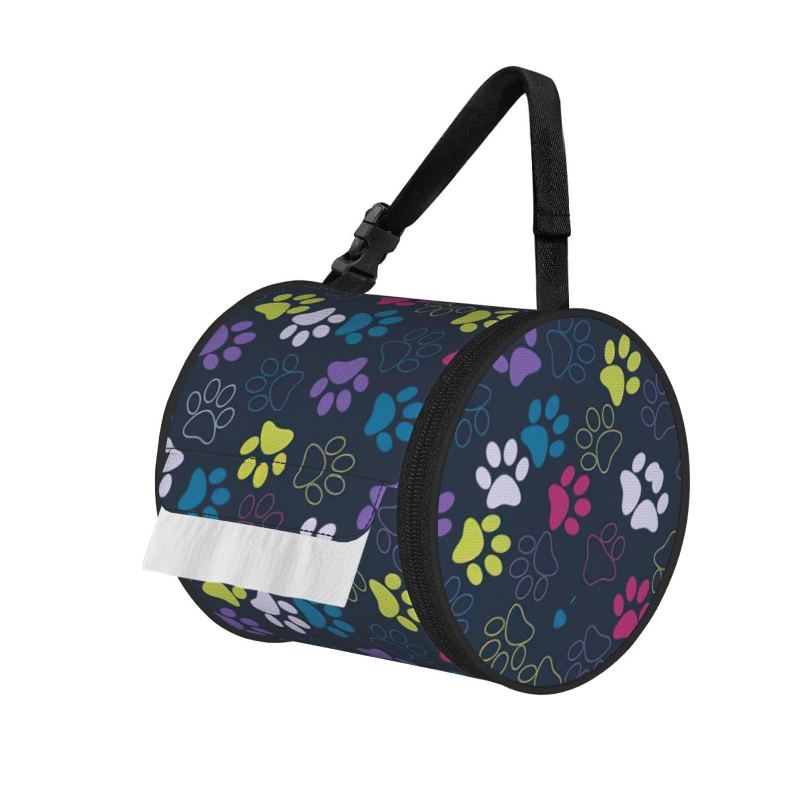 Cute Dog Paw Print Round Paper Tissue Holder With Shoulder Strap, Portable Roll Case For Caravan Travel Use