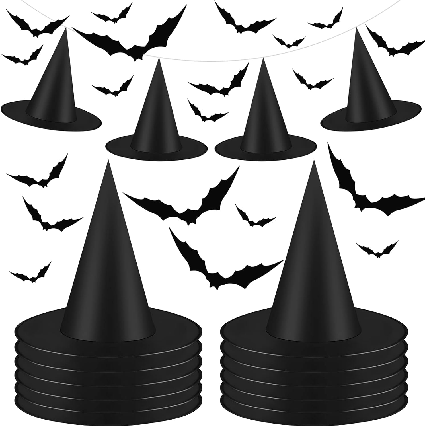 Elcoho 12 Halloween Black Witch Hats, Costume Accessories Caps, 32 3D Bat Wall Stickers for Yard Party