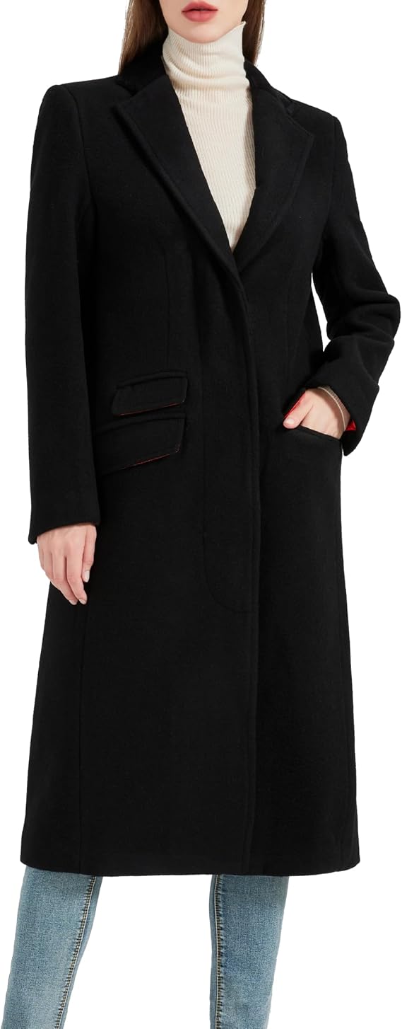 Women’s Black 70% Wool & Cashmere Covert Overcoat – Winter Coat with Velvet Collar, Red Satin Lining & Concealed Fastening
