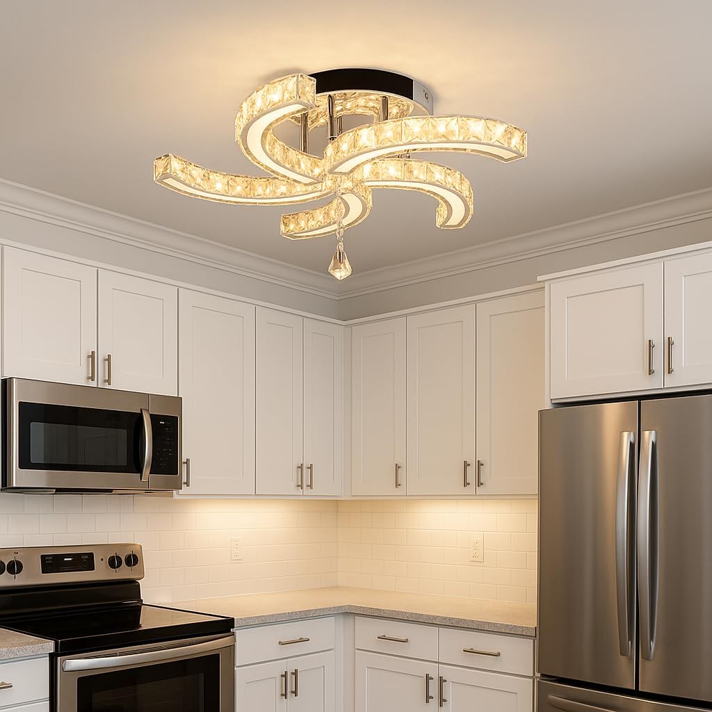 Finktonglan 19.7" Crystal Semi Flush Mount Ceiling Light, 5-Light LED Chandelier, K9 Crystal & Acrylic, 25W, 3000K Warm White, Modern Low-Profile Ceiling Lighting for Bedroom Living Room Dining